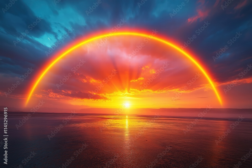 Sunset over the ocean creates a vibrant rainbow effect in the sky with dramatic clouds Sunset over the ocean creates a vibrant rainbow effect in the sky with dramatic clouds