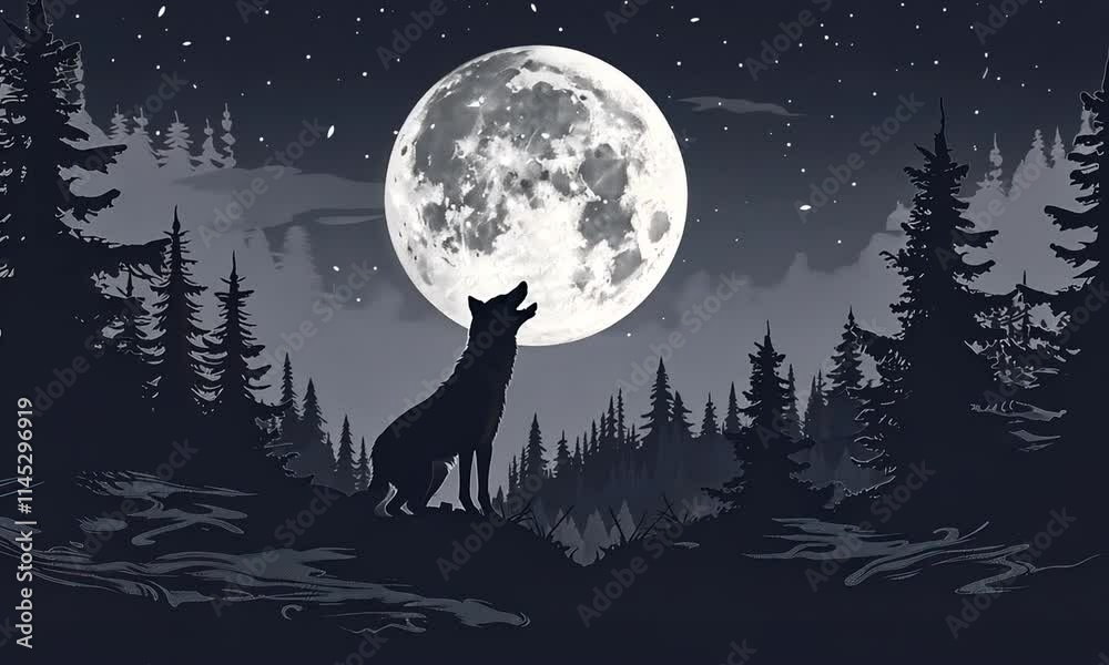 Lone Wolf Howling at the Full Moon in a Serene Forest Lone Wolf Howling at the Full Moon in a Serene Forest