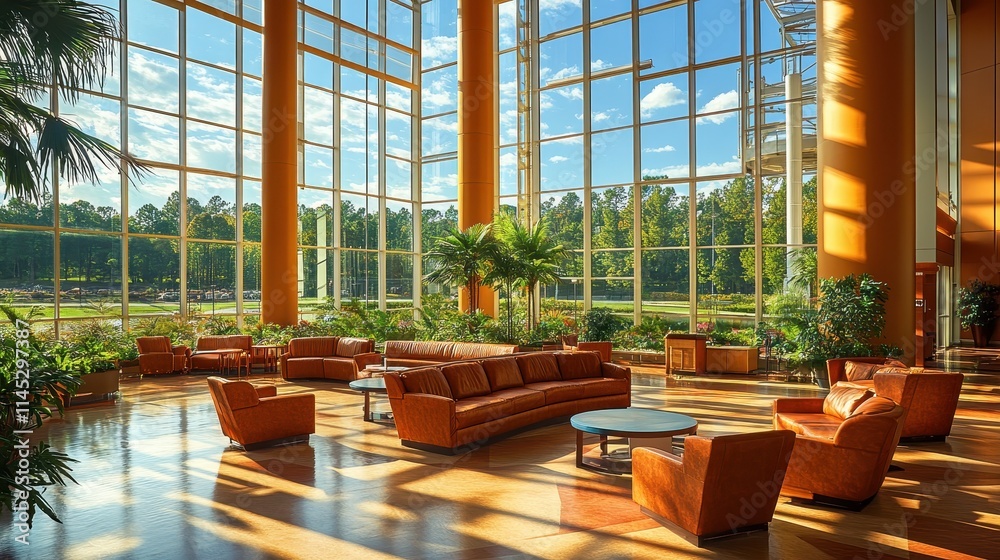 Panoramic stock photo style of a large healthcare facility with advanced technology installations, capturing the scale and modern design of the space