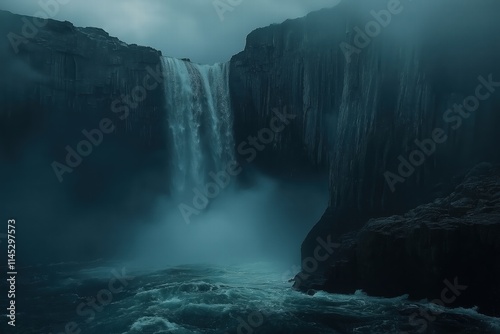 Majestic waterfall cascading down rocky cliffs in a misty, moody landscape
