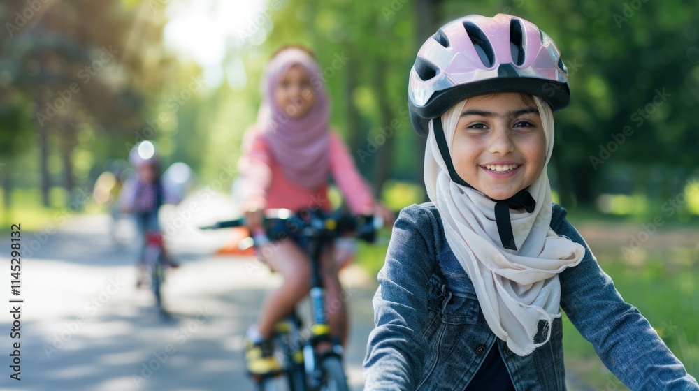 A Muslim girl wearing a safety helmet and riding her bicycle on the road with her family in the background A Muslim girl wearing a safety helmet and riding her bicycle on the road with her family in the background