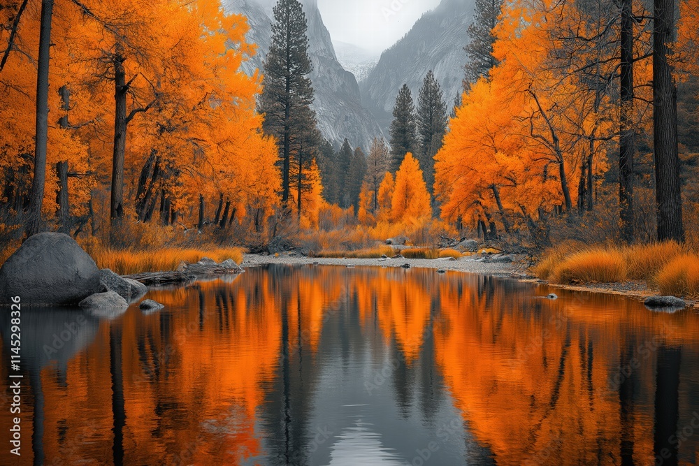 Fototapeta premium Vibrant autumn colors reflecting in a serene lake surrounded by mountains and trees