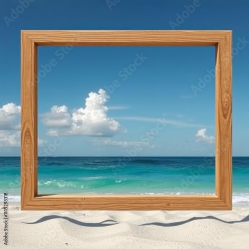 Wooden picture frame on the beach frame isolated frame border design background isolated photo