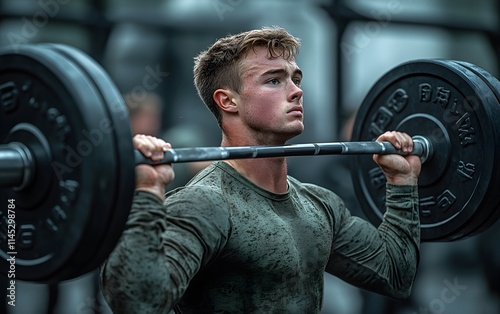 Muscular man performing a barbell shoulder press workout in a gym.