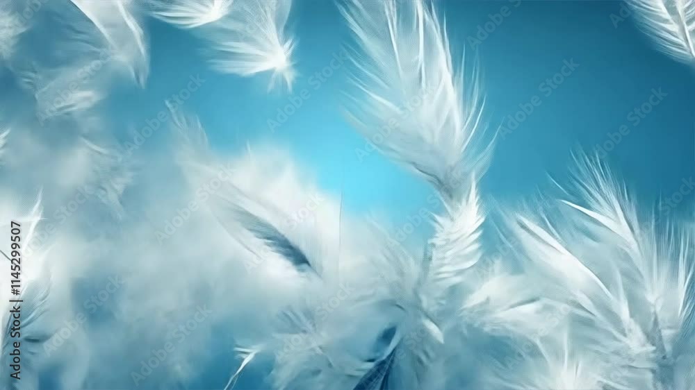 Delicate white feathers floating against soft blue background create ethereal and tranquil atmosphere, evoking sense of calm and lightness perfect for serene design projects.