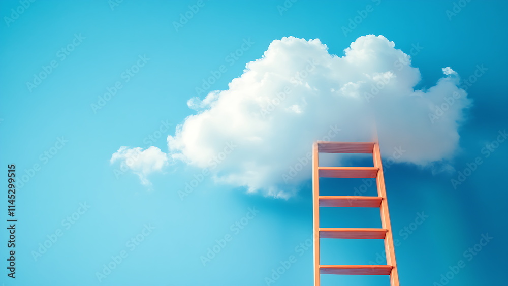 A wooden ladder reaching towards a cloud in a bright blue sky. A wooden ladder reaching towards a cloud in a bright blue sky.
