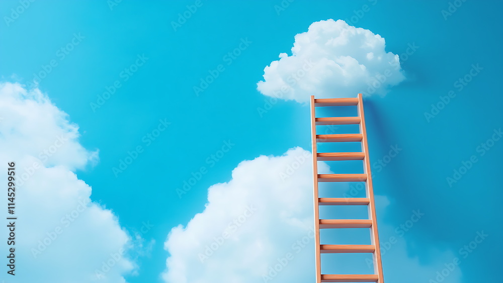 A wooden ladder reaching towards a cloud in a bright blue sky. A wooden ladder reaching towards a cloud in a bright blue sky.