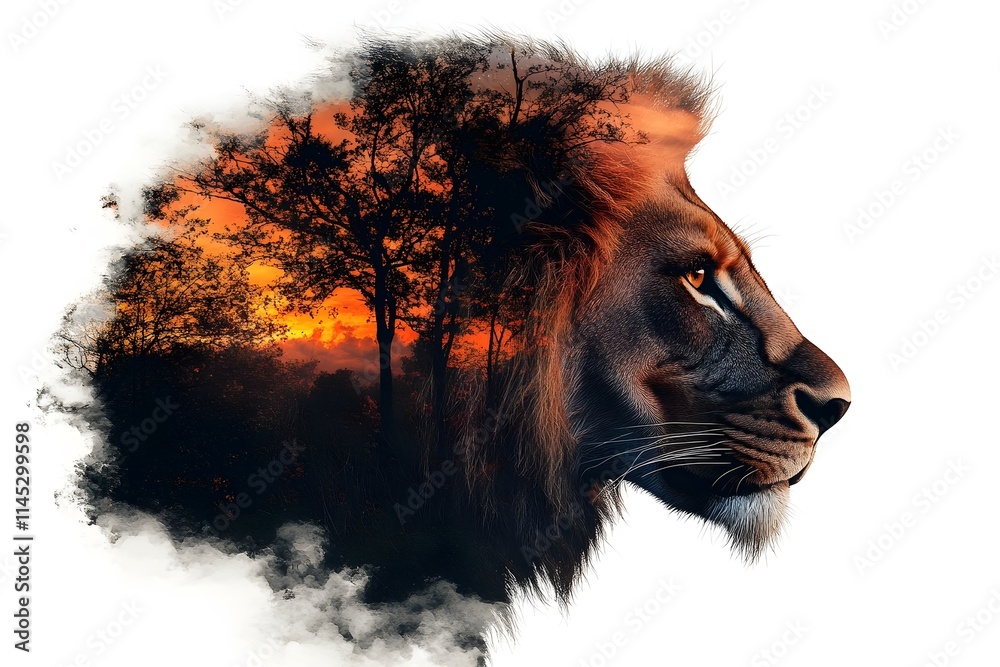 Naklejka premium A double exposure portrait of a majestic lion's side profile, set against a backdrop of trees and a sunset sky.