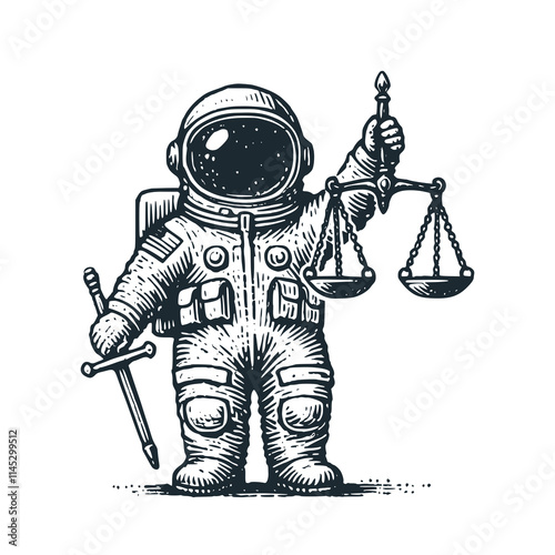 The cute astronaut as justice god. Black white vector icon and logo illustration.