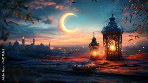 A lit Islamic lantern, with the silhouette of a mosque and crescent moon in the background