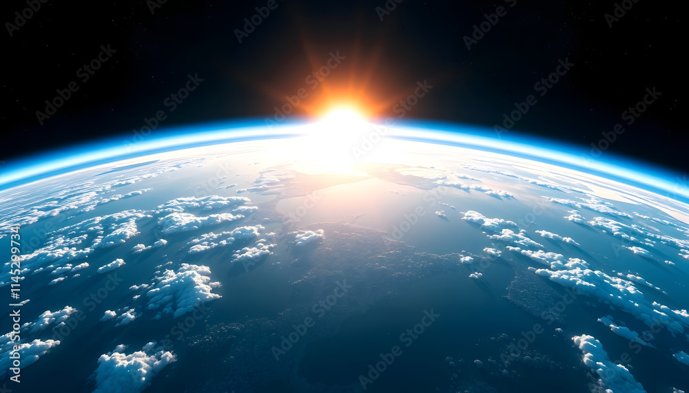 Planet Earth cutvature. Aerial view of blue planet from space. Sunrise over globe land and ocean, vector style, with white tones Planet Earth cutvature. Aerial view of blue planet from space. Sunrise over globe land and ocean, vector style, with white tones