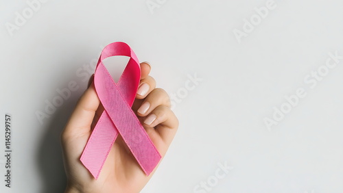 A hand holds a pink ribbon, a symbol for breast cancer awareness.