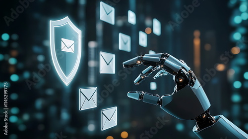The robot arm touches the email icon and protective shield, indicating email security.