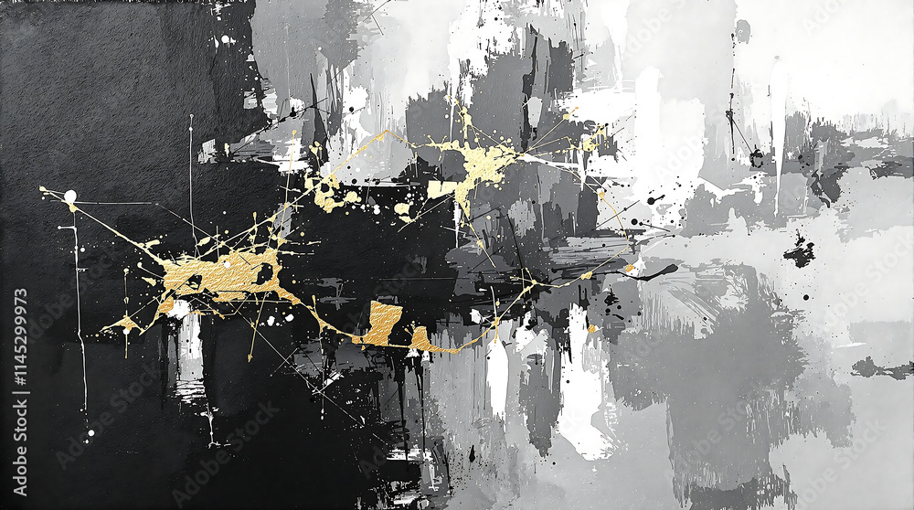 Obraz premium Abstract painting with black, white, and gray tones, accented with gold splashes. Modern and contemporary, suitable for interior design, art galleries, or as a stylish background.