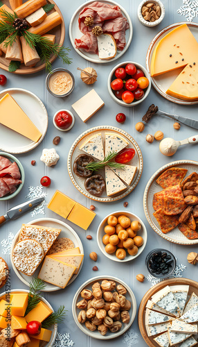 Festive winter appetizers table with various of cheese, curred meat, sweets, nuts and fruits. Festive family or party snack concept. Overhead view, low-poly. isolated with white highlights photo