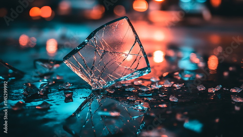 Shattered glass on the highway with scattered pieces.