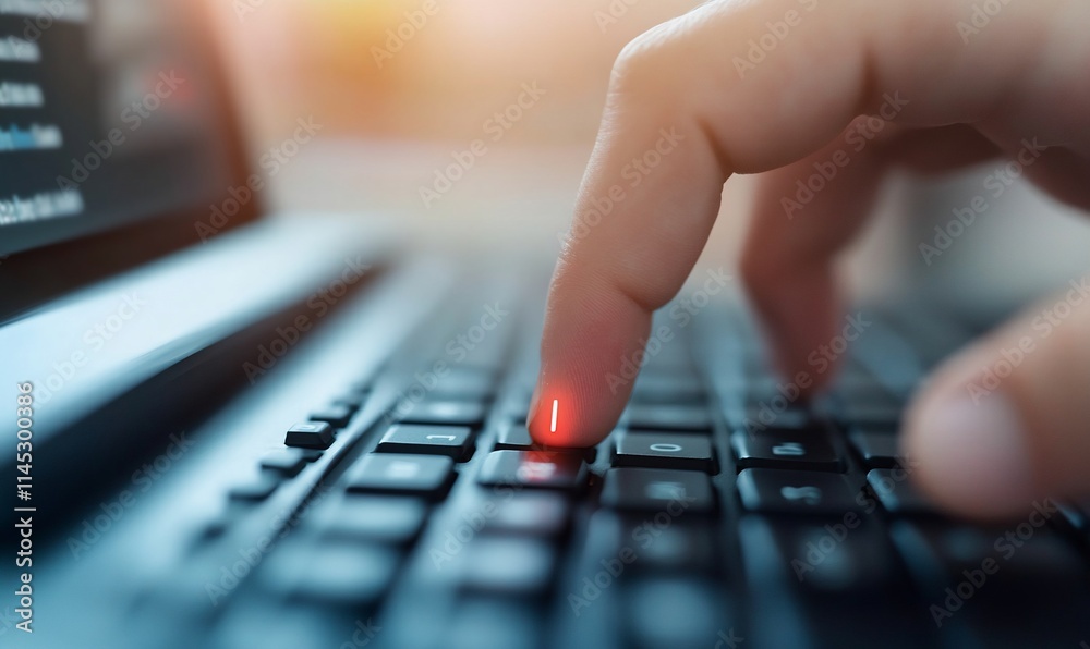 A close-up of a finger pressing a key on a laptop keyboard. A close-up of a finger pressing a key on a laptop keyboard.