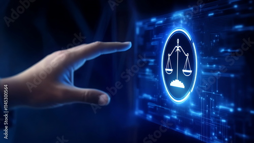 A hand will touch the digital scale, which symbolizes justice.