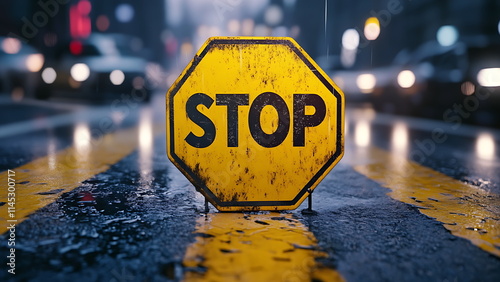 Yellow stop sign in the middle of a wet road