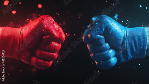 Two fists red and blue