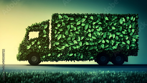 A truck made of green leaves is on the highway.
