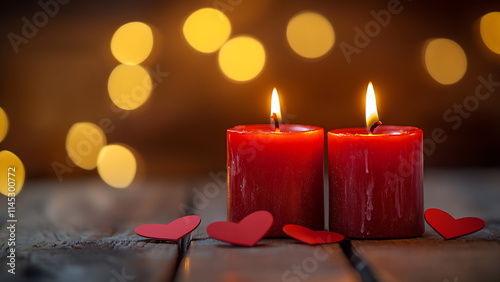 Two burning red candles with small red hearts, on a wooden surface, with a hazy light behind them. valentines day background
