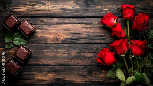 A dark wooden board with a dark brown box, and a bouquet of red roses. Valentines day background