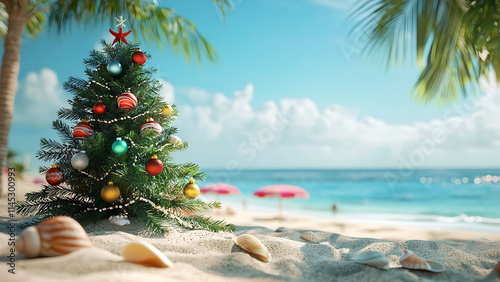 A Christmas tree on a tropical beach with palm trees