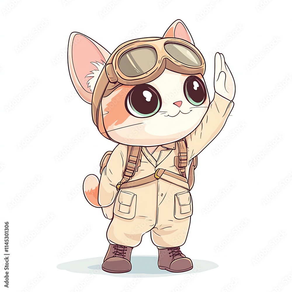 Naklejka premium A cute kawaii 2D cartoon vector cat wearing a pilot uniform, saluting, soft pastel colors, plain white background.