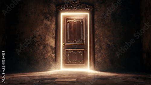 A dark room with a luminous and ornate wooden door. Light shines brightly from within. like a doorway to heaven