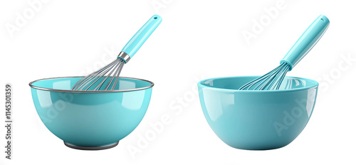 Blue Mixing Bowls with Whisk on Transparent Background