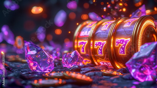 Gold slot machine with three sevens, surrounded by purple crystals and dark stones.