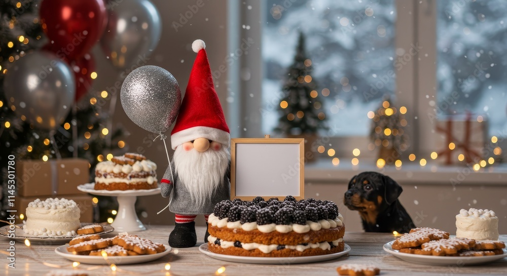 Happy cute dog celebrating at a birthday party, christmas decoration and birthday decorations, gnome at birthday party Happy cute dog celebrating at a birthday party, christmas decoration and birthday decorations, gnome at birthday party