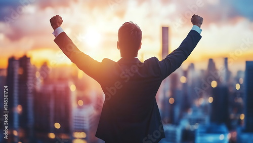 The businessman raises his arms in victorious excitement, overlooking the city skyline as the sun sets.