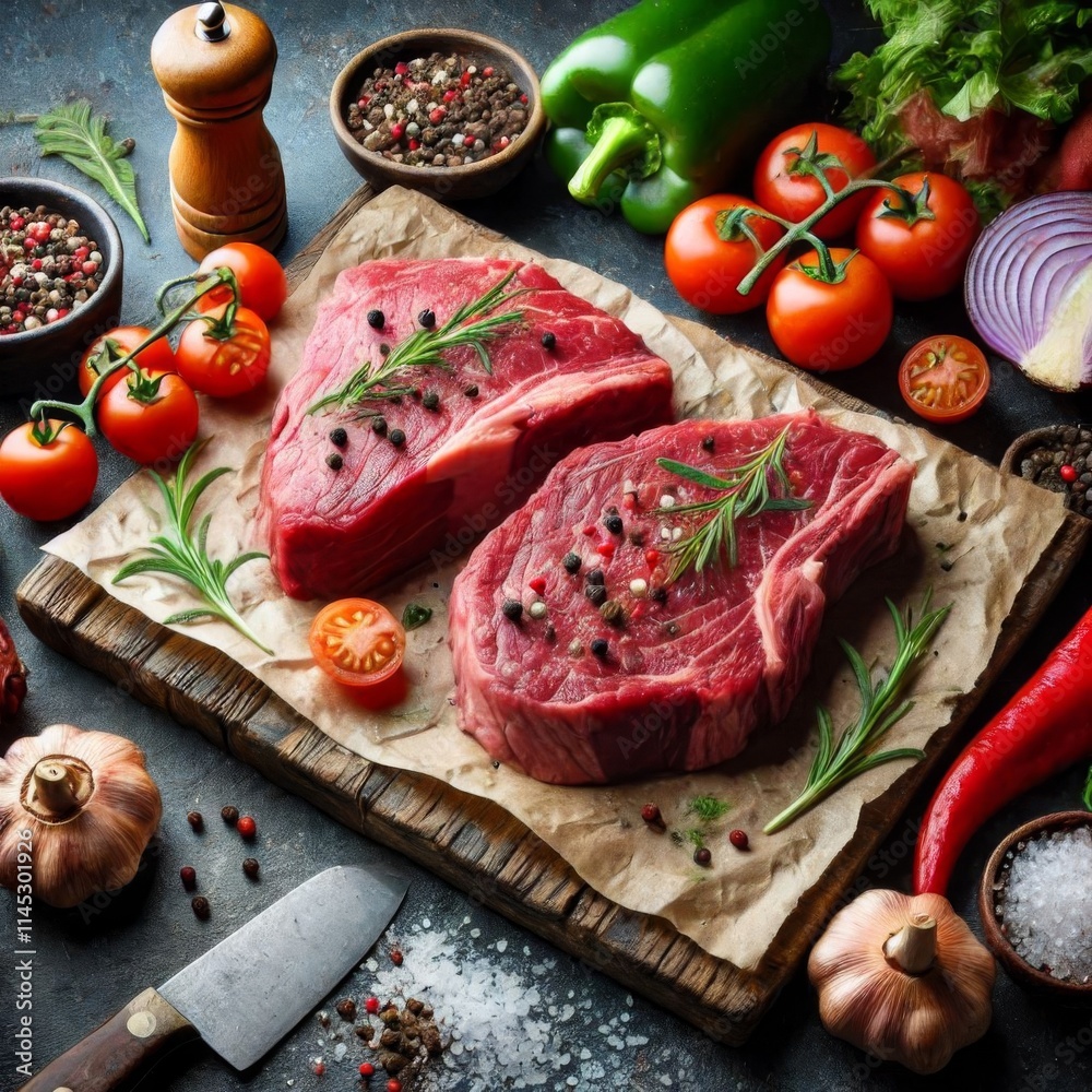 Fresh raw beef cuts on butcher paper with vegetables, perfect for steakhouse and grilling recipes Fresh raw beef cuts on butcher paper with vegetables, perfect for steakhouse and grilling recipes