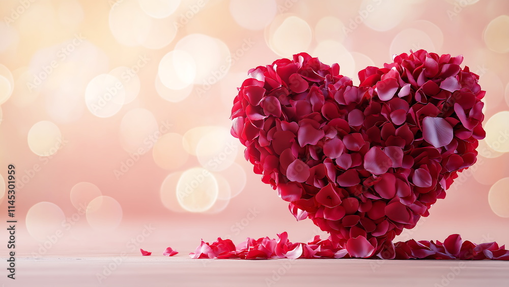 A heart-shaped arrangement of red rose petals, on a light pink background. Valentines day background A heart-shaped arrangement of red rose petals, on a light pink background. Valentines day background