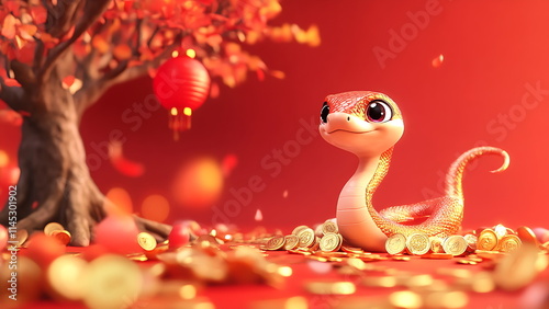A small snake sits among gold coins under a red tree with a Chinese lantern. Chinese new year 2025 background