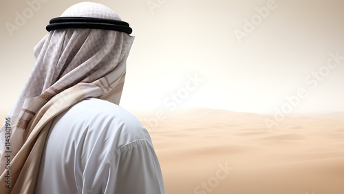 an Arab man standing in the desert.