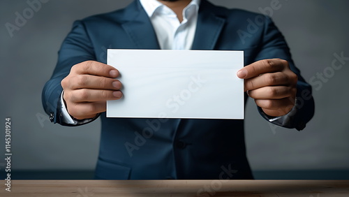 A person in a suit is holding a blank white sheet of paper.