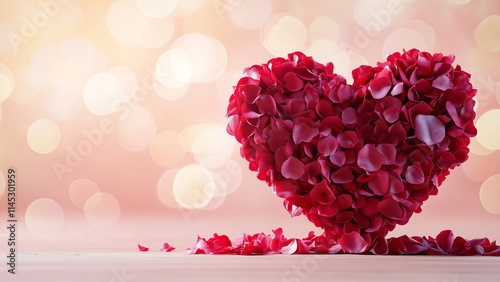 A heart-shaped arrangement of red rose petals, on a light pink background. Valentines day background