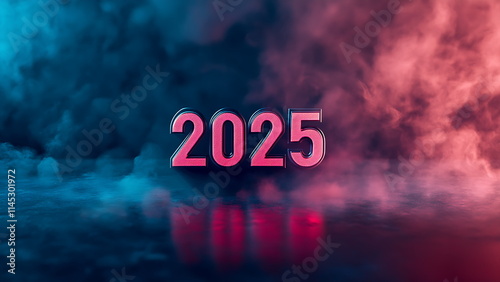 number 2025 on a dark background with blue and pink smoke.