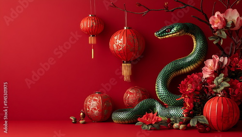 Red background, Chinese lanterns, a green snake, and pink flowers. Chinese new year 2025 background