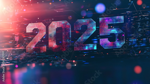 It depicts the year 2025, is colorful and has a futuristic digital design.