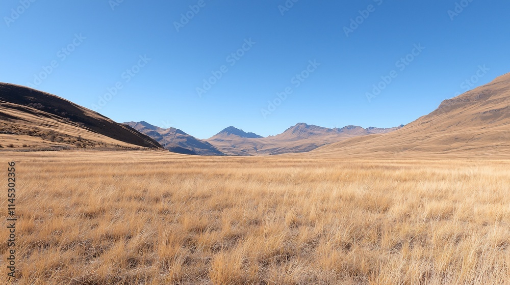 Expansive golden grassland valley with distant mountains under a clear blue sky. Expansive golden grassland valley with distant mountains under a clear blue sky.