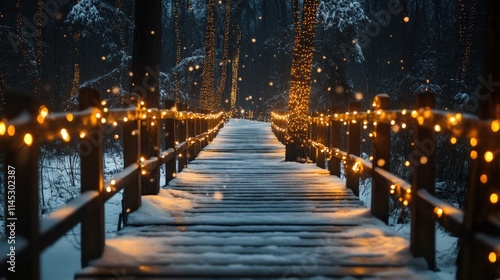 Wallpaper Mural Snow-covered wooden bridge with fairy lights at night in a forest. Torontodigital.ca