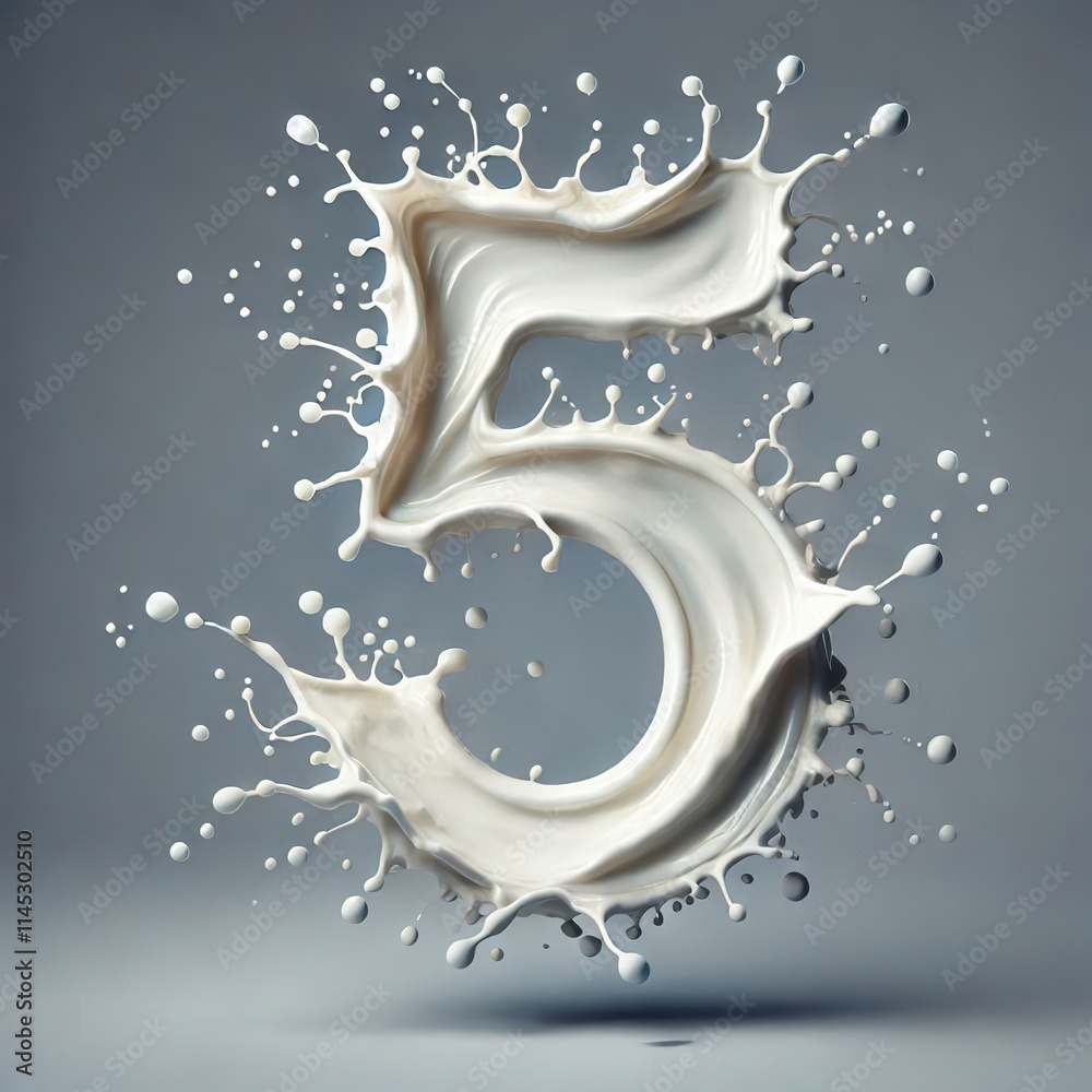 A stylized number five is formed by a creamy white milk splash against a grey background. The liquid creates dynamic, swirling shapes. A stylized number five is formed by a creamy white milk splash against a grey background. The liquid creates dynamic, swirling shapes.