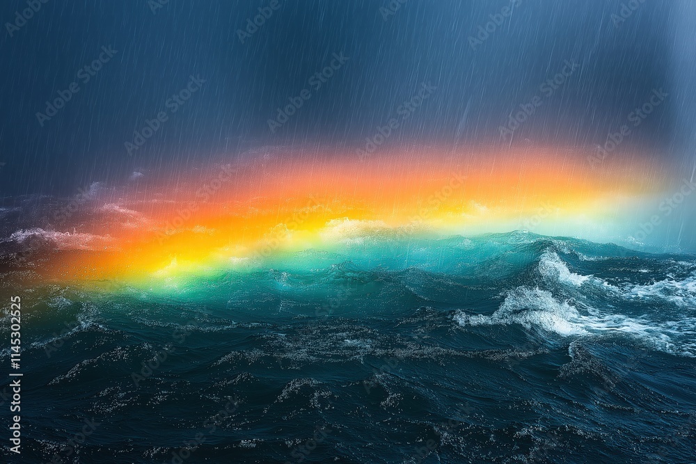 Naklejka premium Colorful rainbow appear over dark ocean waves during a rainfall at twilight near the horizon