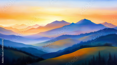 A pastel mountain vista glowing under the light of dawn , imagine oil painting, impressionist style, landscape, golden hour