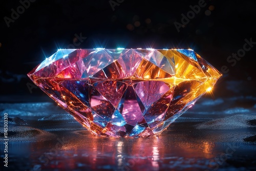 Radiant diamond shimmering with vibrant colors in a darkened setting at night photo