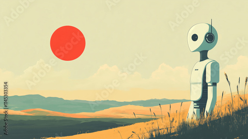 Minimalist landscape of setting sun with multilayered hills of varying colors with a humanoid robot standing in silhouette on a hill representing loneliness in the digital age.